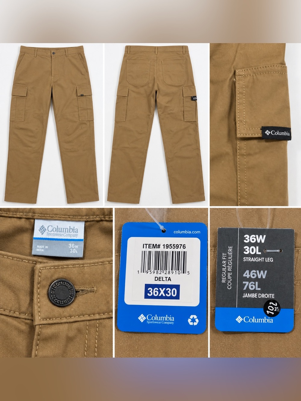 Columbia Mens Cargo Pants Delta Brown Straight Leg 36x30